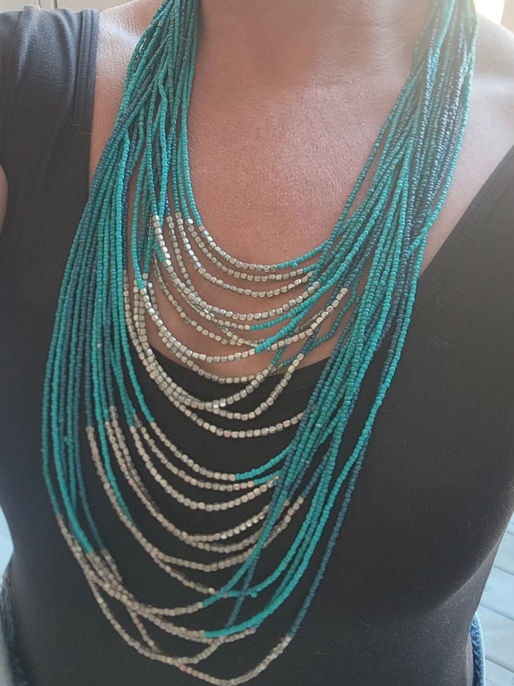 Multi-Strand Teal and Silver Beaded Statement Necklace